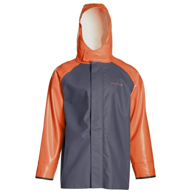 Grundéns Men’s Hauler waterproof fishing jacket in orange and gray, front view.