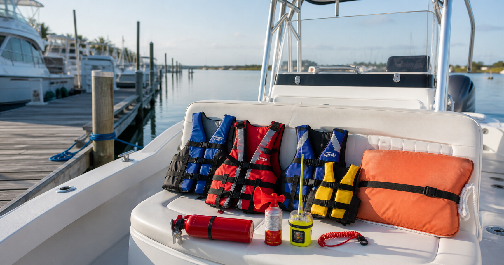 Required beginner boating safety equipment arranged on a center-console boat at a marina