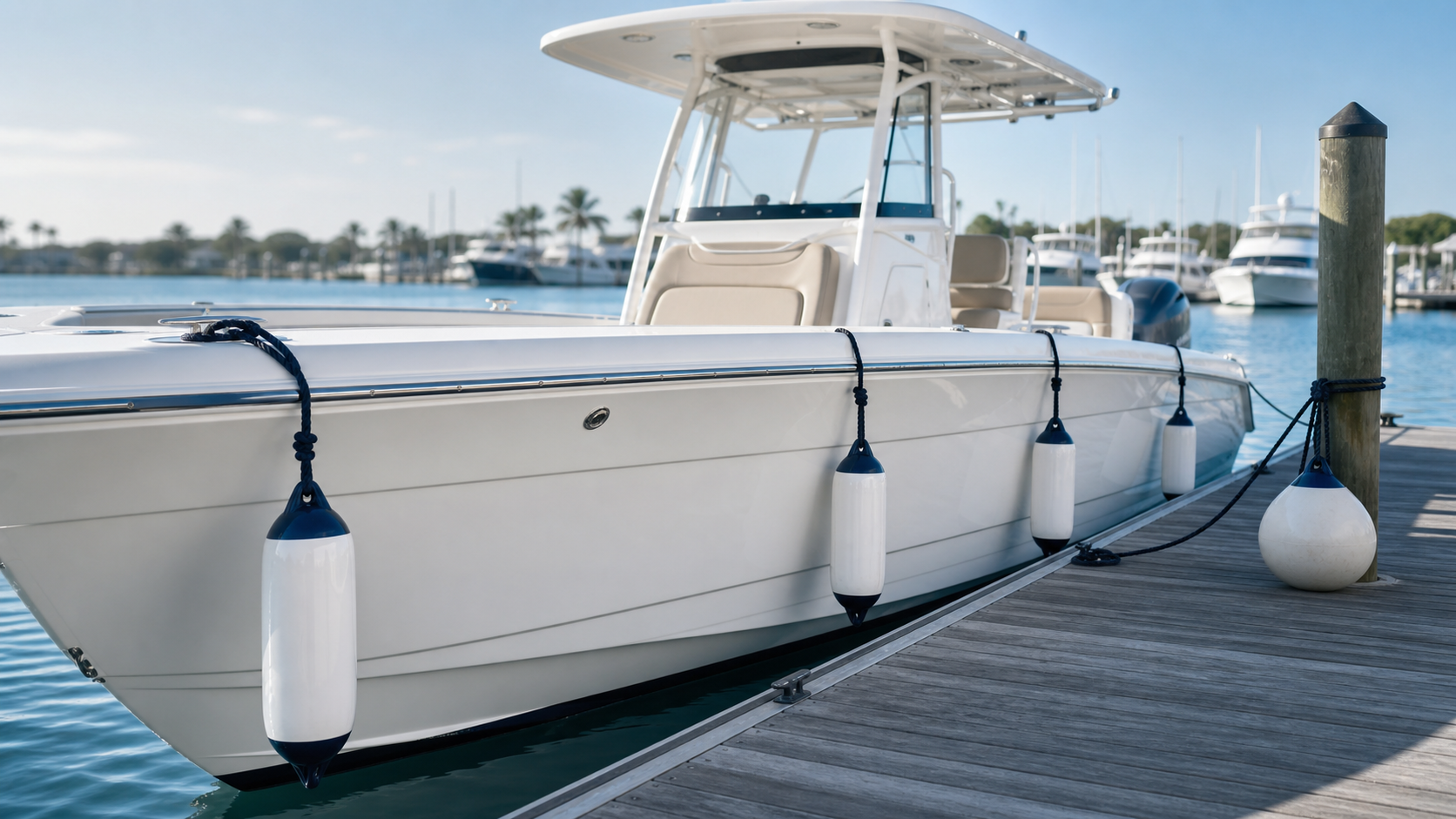 White 25-foot center-console boat secured at a marina with cylindrical and ball fenders.