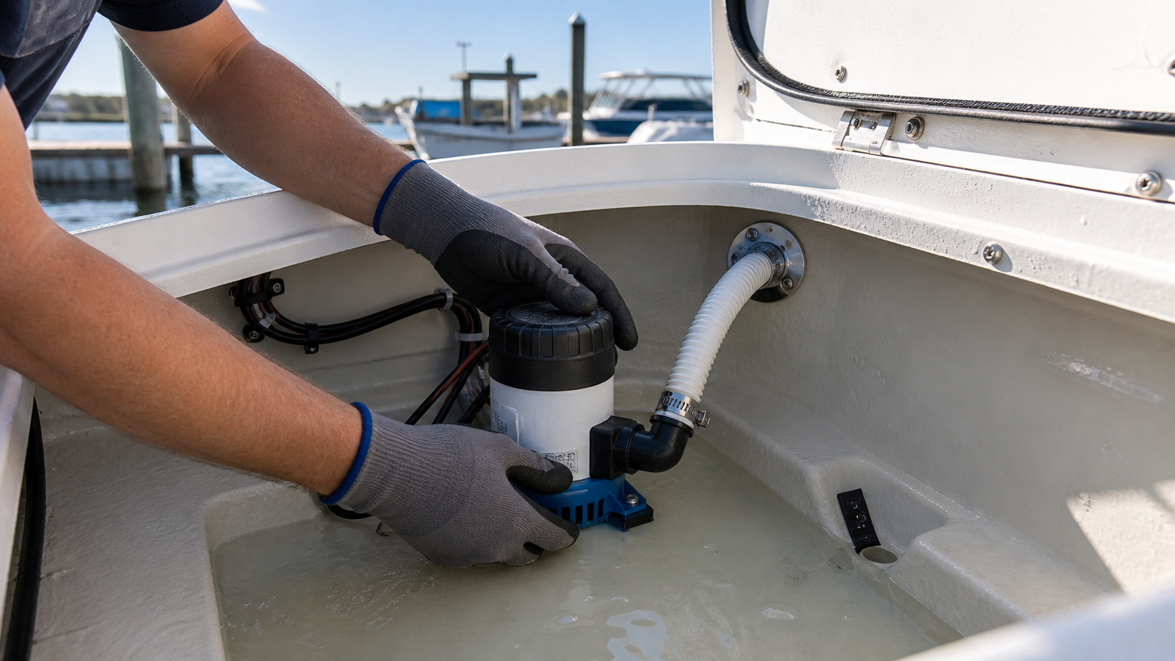 Boat owner checking a running bilge pump, intake strainer, discharge hose, and hull outlet during no-flow troubleshooting