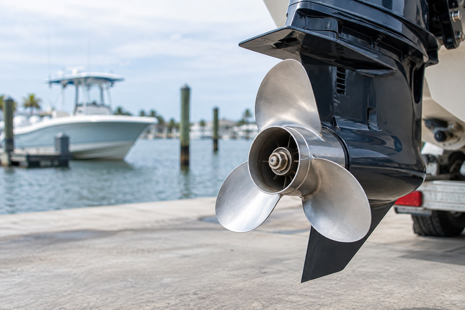 Three-blade aluminum propeller mounted on a recreational outboard motor