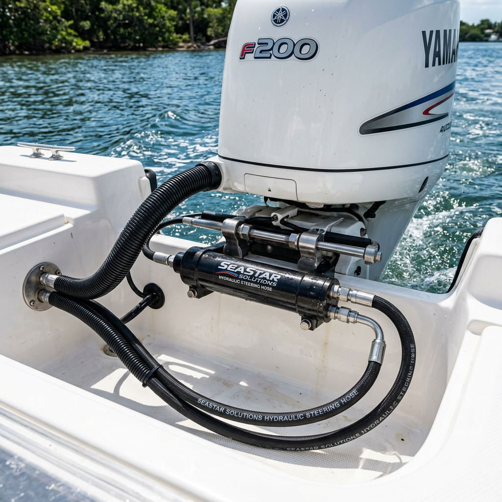 Yamaha F200 outboard motor with SeaStar hydraulic steering hose