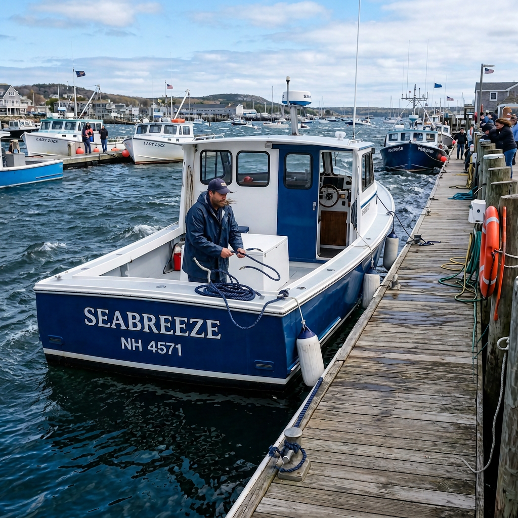 Fisherman securing the Seabreeze fishing boat at a harbor dock