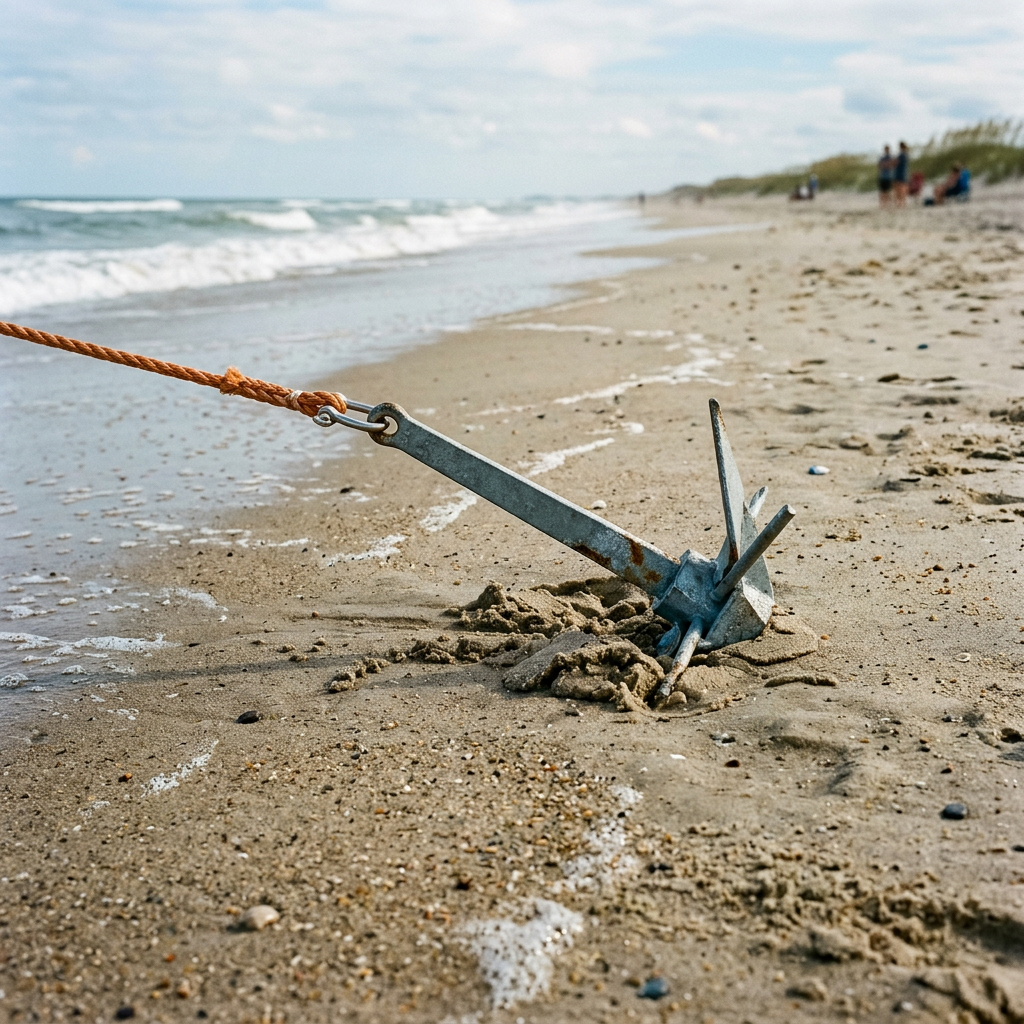 Weathered anchor embedded in sandy beach beside rolling ocean waves