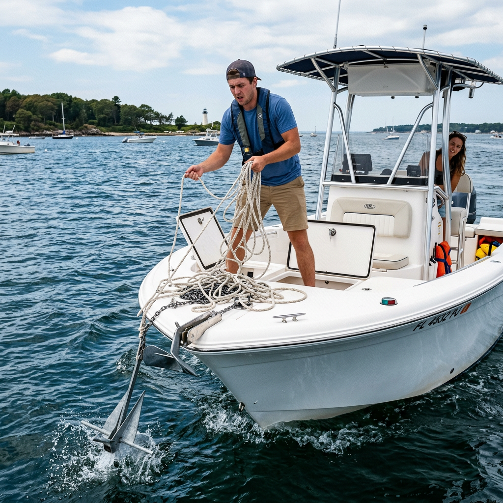 Man hauling an anchor aboard a motorboat in a coastal harbor