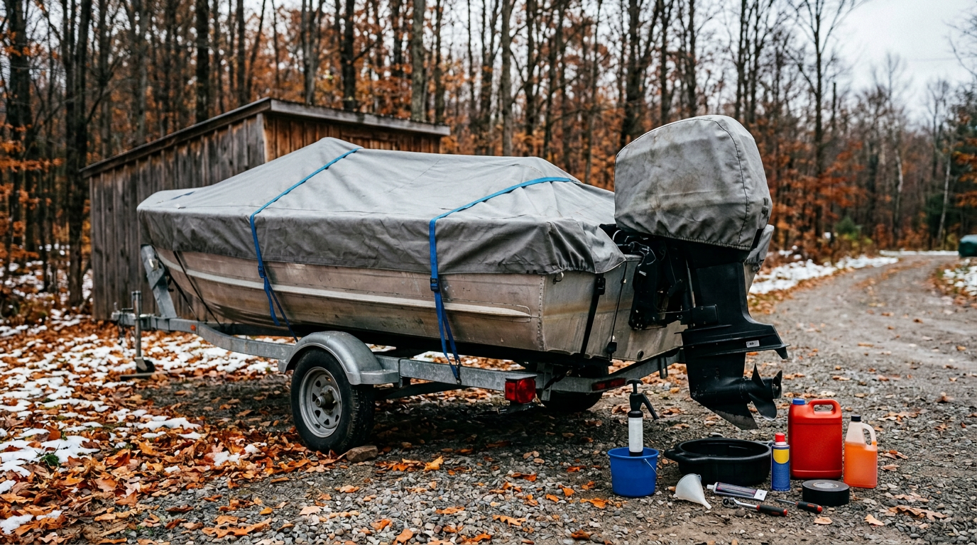Covered fishing boat on trailer with winter maintenance supplies in wooded driveway