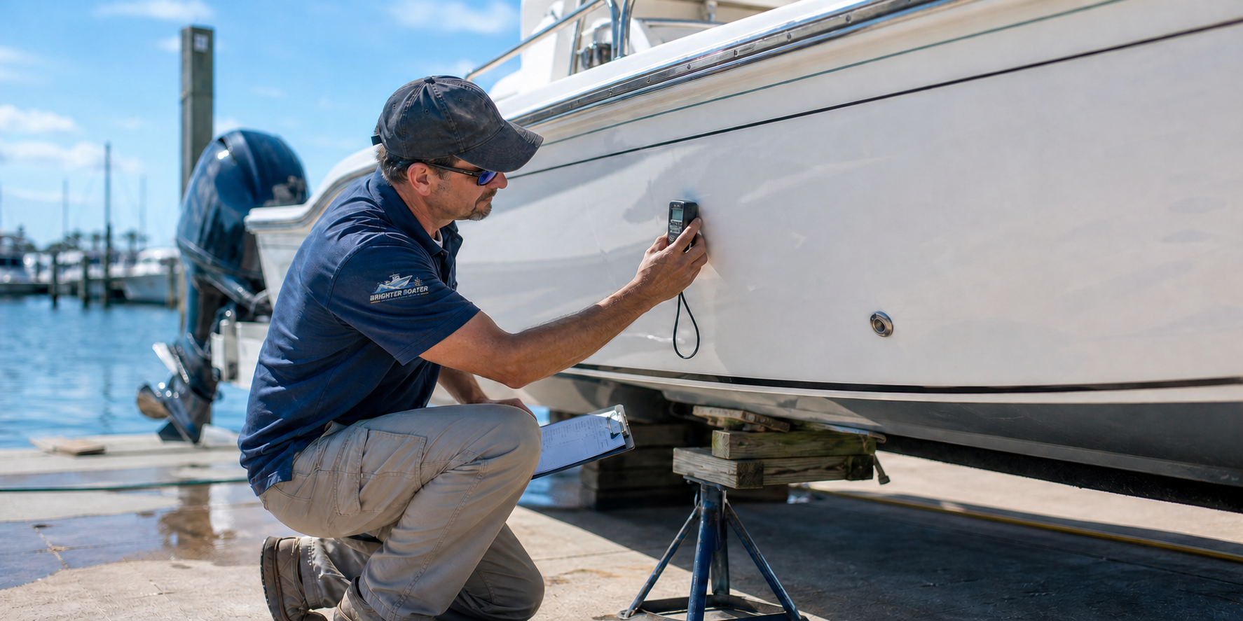 Marine surveyor inspecting a used boat hull with a Brighter Boater sleeve logo