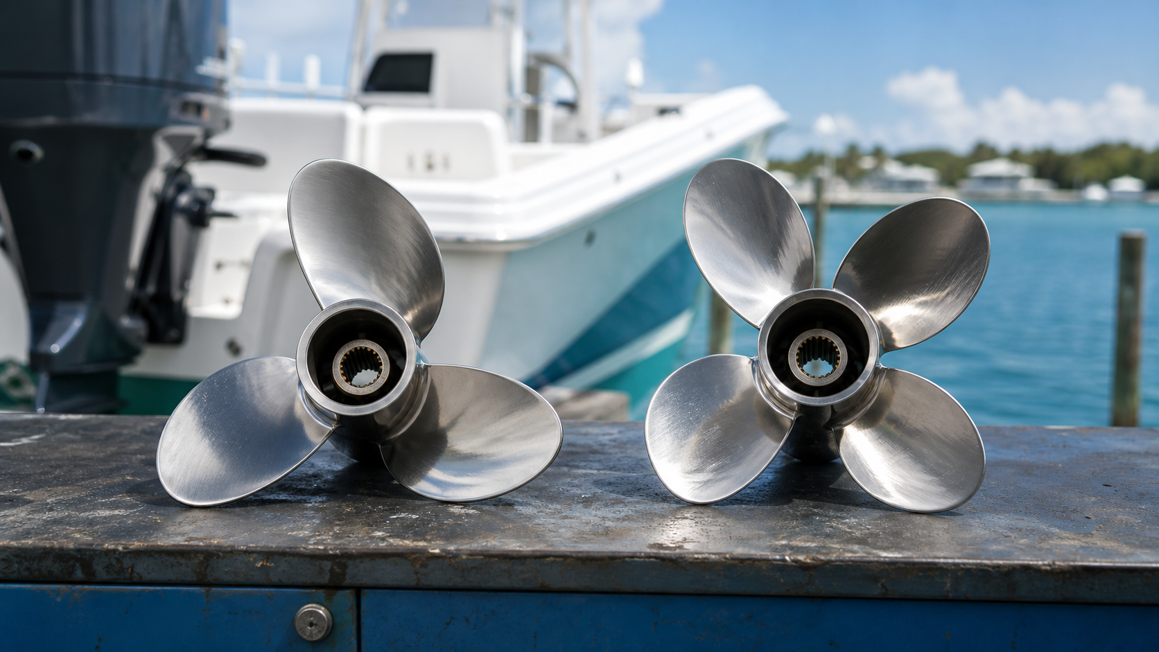 Three-blade and four-blade stainless-steel boat propellers compared side by side on a marine workbench