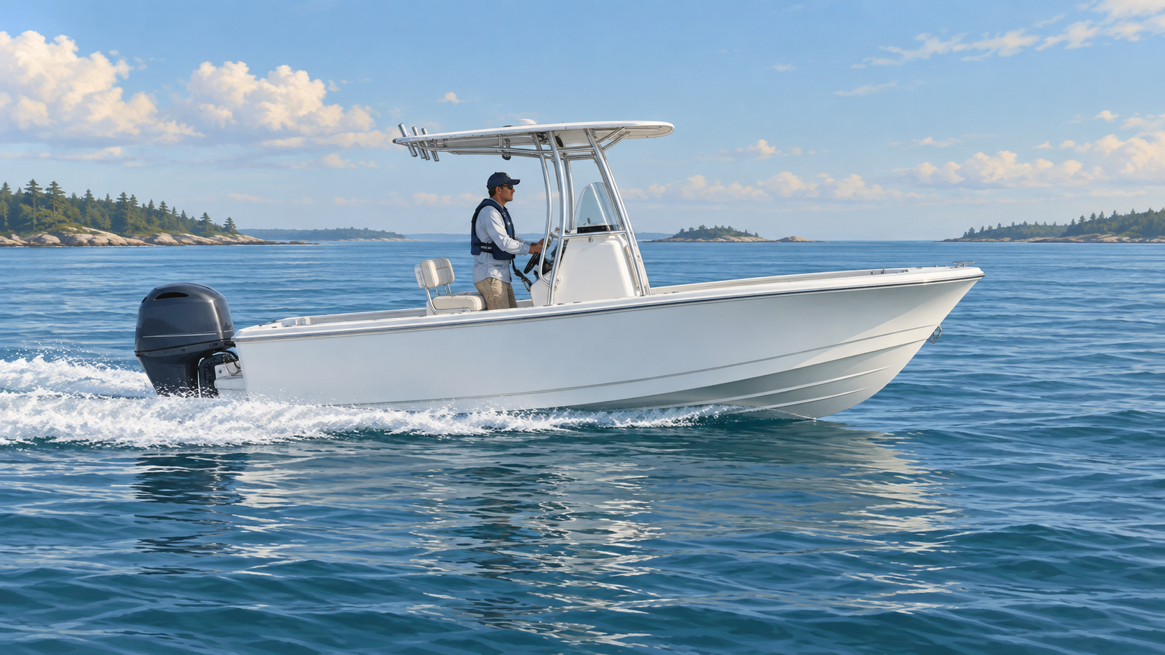 Editorial illustration of a center-console boat with one outboard cruising on sheltered water; not a measured trim-setting example.