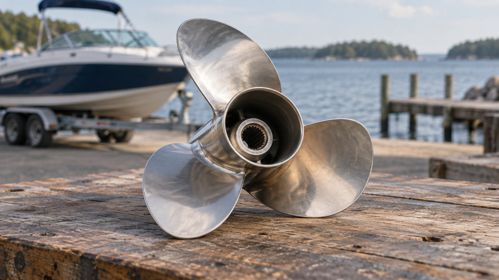 Editorial illustration of a three-blade boat propeller on a workbench; not a diagnostic photograph.